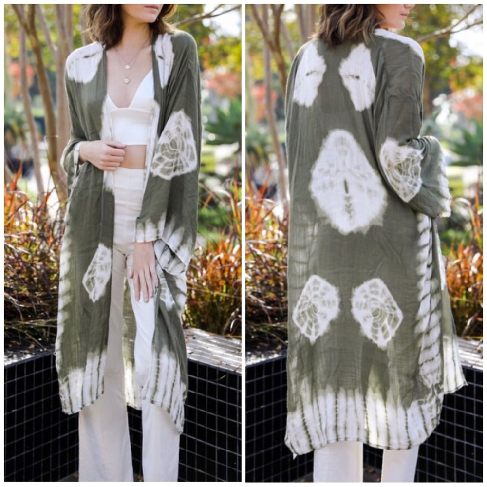 Olive Tie Dye Kimono Wrap Duster Coverup - Picture 2 of 3